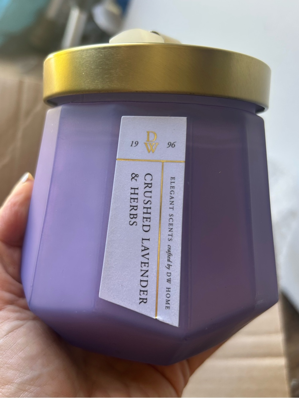 DW Crushed Lavender & Herbs Scented Jar Candle in Purple with Gold Crystal Lid